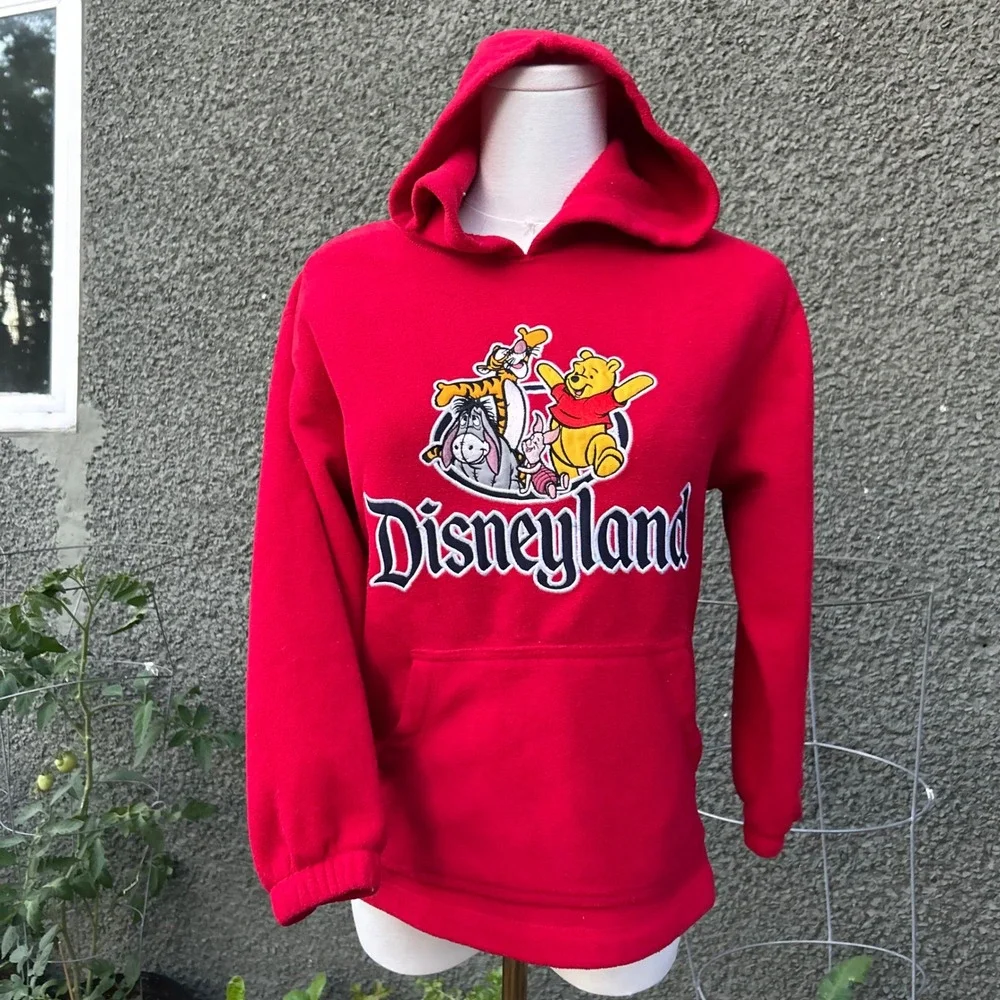 Vintage 90s Disneyland Resort Hoodie Kids Red Winnie the Pooh Fleece Pullover